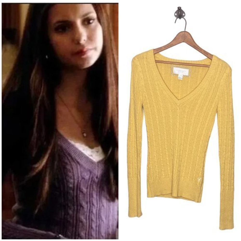 Vintage Y2K American Eagle M Yellow V-Neck Cable Knit Sweater‎ ASO Elena Gilbert